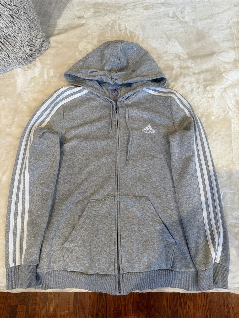 adidas Grey Kids Full-Zip Hooded Jacket with White Stripes